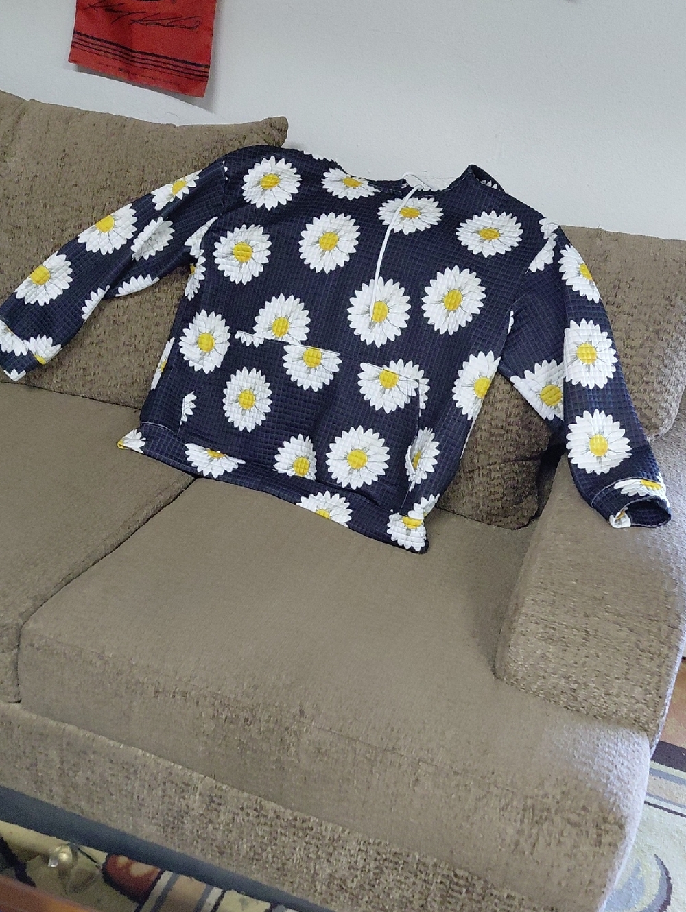 Black Daisy-Print Waffle-Knit Pullover Hoodie